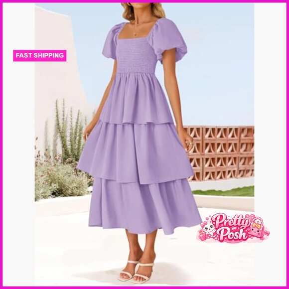 Puff Sleeve Midi Dress Backless Square Neck A-Line Tiered - Picture 5 of 7